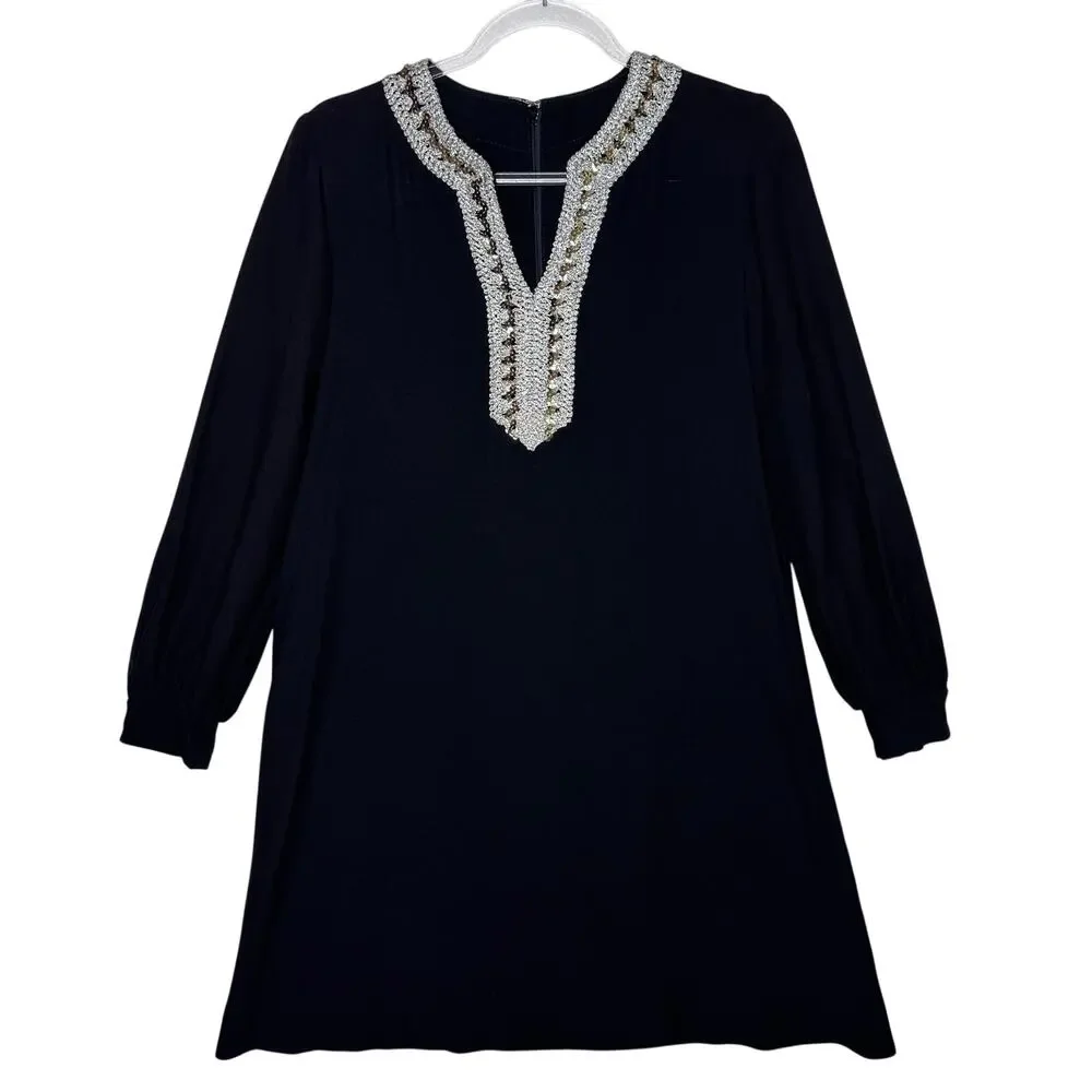 Vintage Black Silver Metallic Sequin Neck Shift A-Line Dress Cocktail M